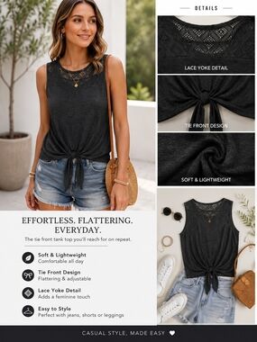 Rue21 XL Lace Yoke Tie Front Tank Top | Fits Like Medium | Charcoal Gray Boho Sl